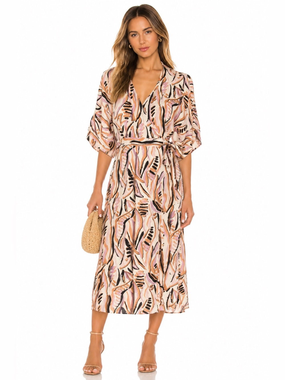 ba&sh Tabby Beige Pink Rust Abstract Wrap Style V-Neck Short Sleeve Dress Size S